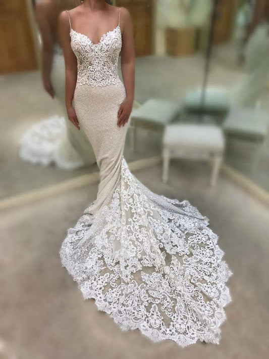 NumberSea - NumberSea Mermaid V - Neck Open Back Lace Wedding Dresses Bead