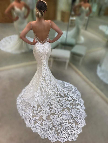 NumberSea - NumberSea Mermaid V - Neck Open Back Lace Wedding Dresses Bead