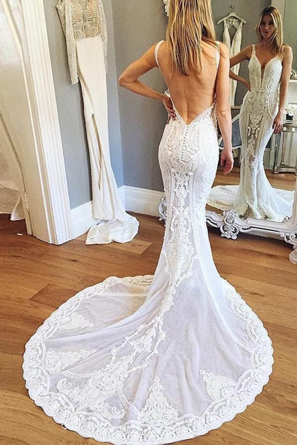 NumberSea - NumberSea Mermaid V - neck Open Back Lace Wedding Dresses with Train, Gorgeous Wedding Dresses,MW402