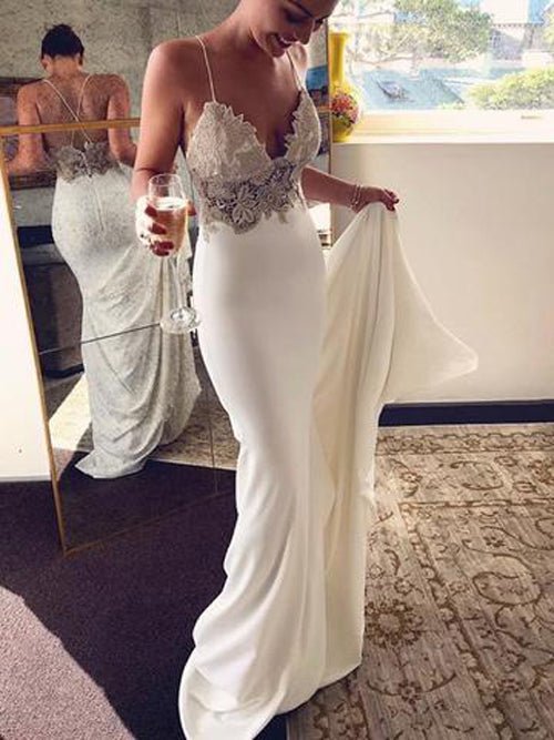 NumberSea - NumberSea Mermaid V - neck Spaghetti Straps Soft Satin Lace Wedding Dresses,Beach Wedding Dresses,MW404