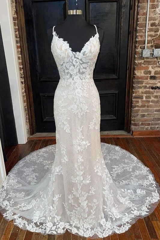 NumberSea - NumberSea Mermaid V - neck Spaghetti Straps Wedding Dresses With Lace Appliques, MW926