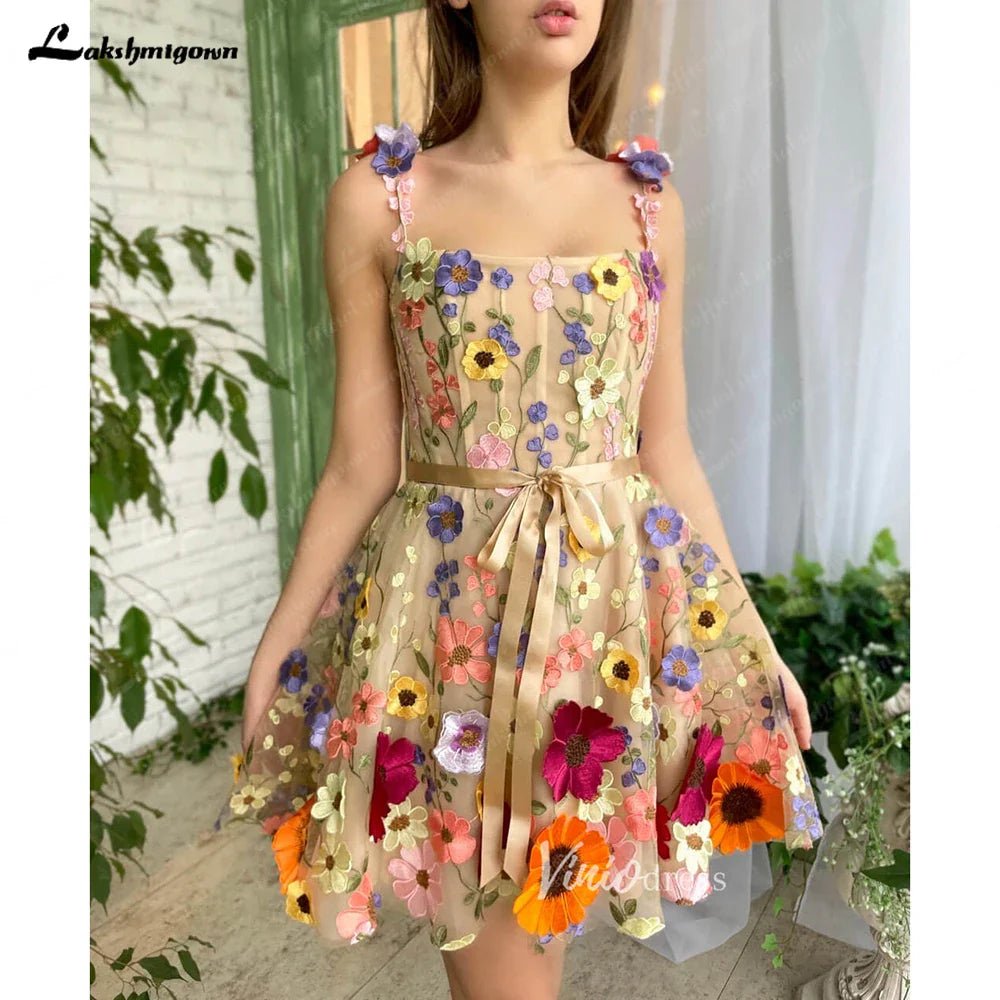 NumberSea - NumberSea Mini A - Line Skirt Lace Party Gowns With 3D Flowes Straps Sweetheart Formal Dresses Colorful Appliques Wedding Gown