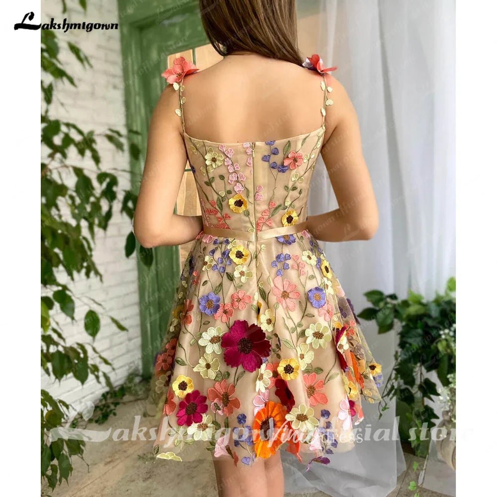 NumberSea - NumberSea Mini A - Line Skirt Lace Party Gowns With 3D Flowes Straps Sweetheart Formal Dresses Colorful Appliques Wedding Gown