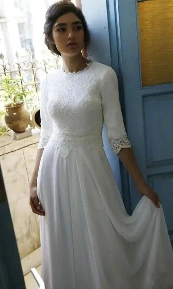 NumberSea - NumberSea Modest 3/4 Sleeves Floor Length Chiffon Wedding Dresses with Lace Top, MW724