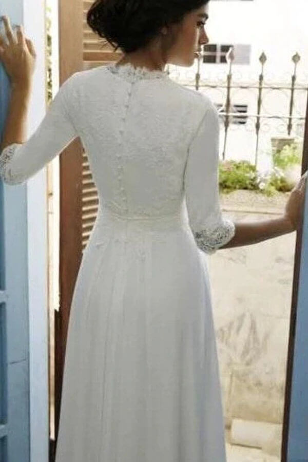 NumberSea - NumberSea Modest 3/4 Sleeves Floor Length Chiffon Wedding Dresses with Lace Top, MW724