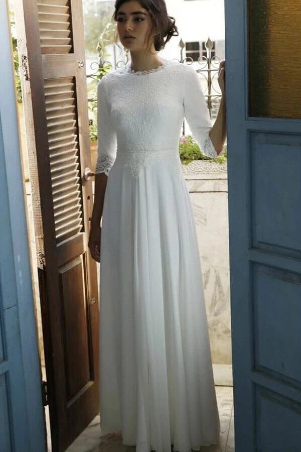 NumberSea - NumberSea Modest 3/4 Sleeves Floor Length Chiffon Wedding Dresses with Lace Top, MW724