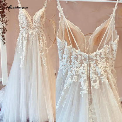 NumberSea - NumberSea Modest Beach Soft Tulle Wedding Dresses 2025 Lace Appliques A - Line V Neck Sweep Train Bridal Gown robe de soirée de mariage