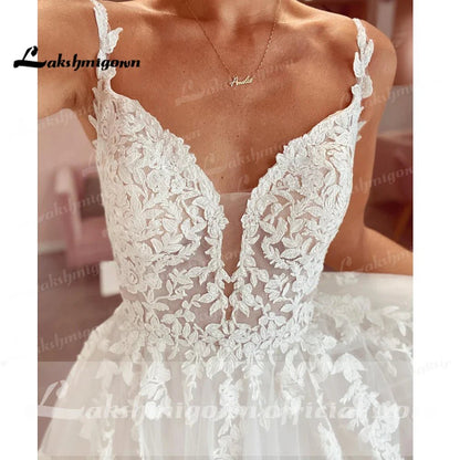 NumberSea - NumberSea Modest Beach Soft Tulle Wedding Dresses 2025 Lace Appliques A - Line V Neck Sweep Train Bridal Gown robe de soirée de mariage