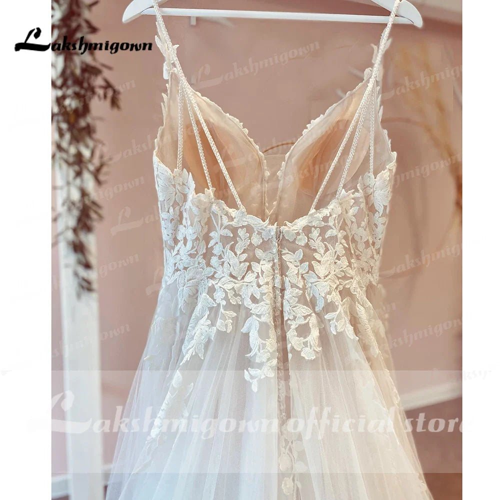 NumberSea - NumberSea Modest Beach Soft Tulle Wedding Dresses 2025 Lace Appliques A - Line V Neck Sweep Train Bridal Gown robe de soirée de mariage