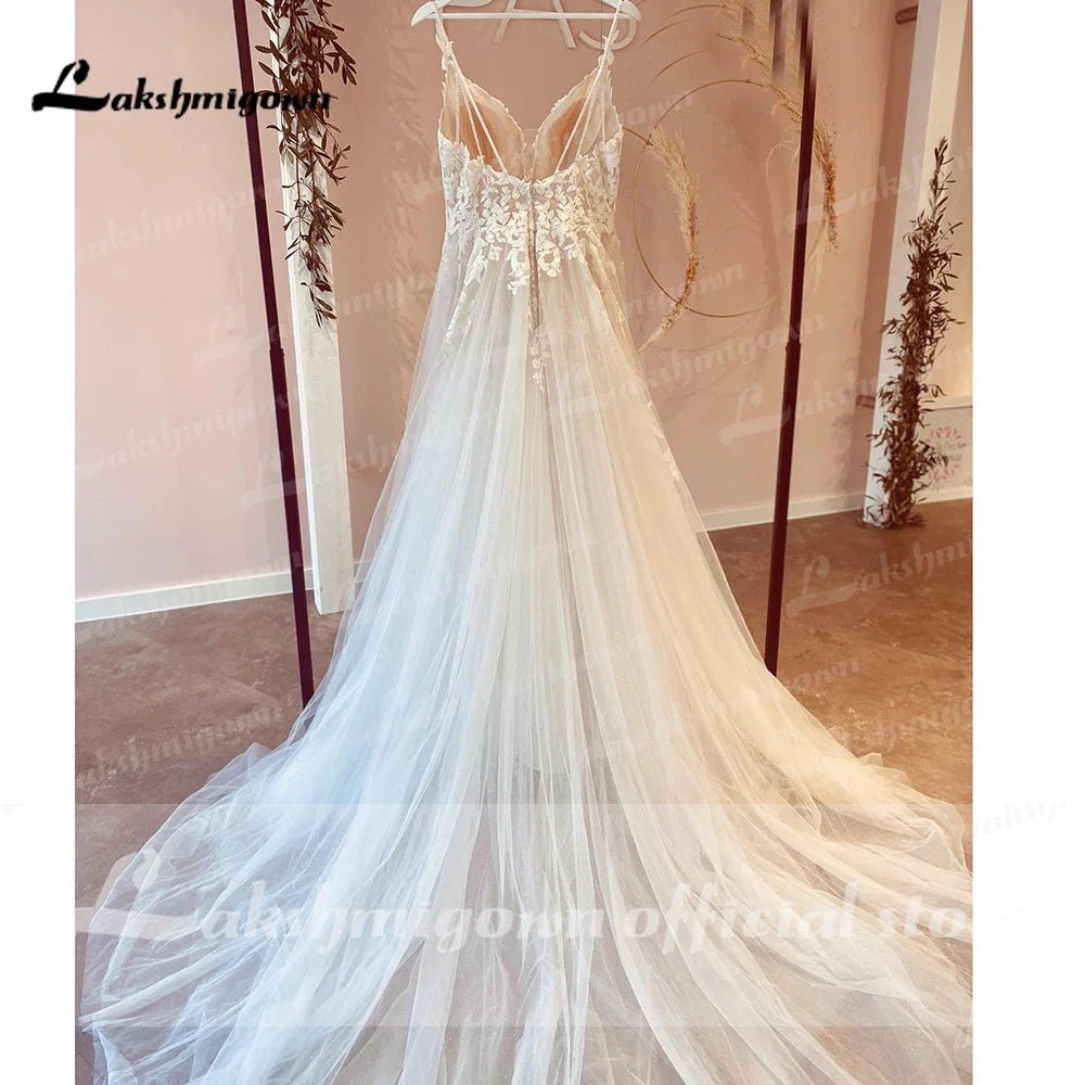 NumberSea - NumberSea Modest Beach Soft Tulle Wedding Dresses 2025 Lace Appliques A - Line V Neck Sweep Train Bridal Gown robe de soirée de mariage