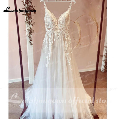 NumberSea - NumberSea Modest Beach Soft Tulle Wedding Dresses 2025 Lace Appliques A - Line V Neck Sweep Train Bridal Gown robe de soirée de mariage