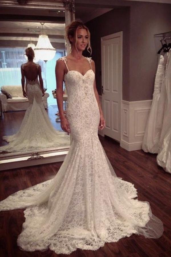 NumberSea - NumberSea Modest Lace Spaghetti Straps Mermaid Wedding Dresses, Summer Wedding Gowns, MW184