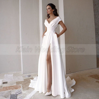 NumberSea - NumberSea Modest Side Slit V - Neck Wedding Dresses Fashion Short Sleeve Sweep Train A Line Bridal Gowns with Pockets Robe De Mariée