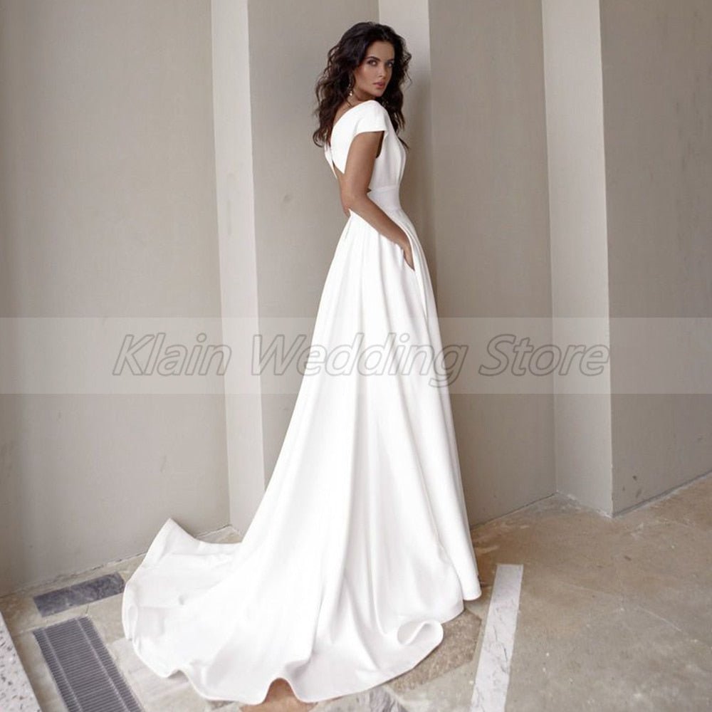 NumberSea - NumberSea Modest Side Slit V - Neck Wedding Dresses Fashion Short Sleeve Sweep Train A Line Bridal Gowns with Pockets Robe De Mariée