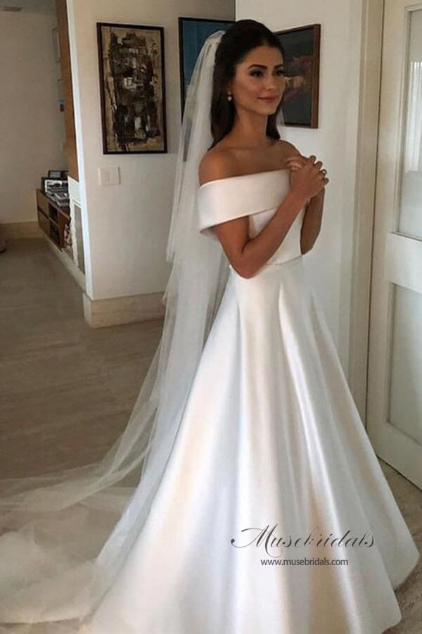 NumberSea - NumberSea Modest Simple Ivory A Line Off Shoulder Wedding Dresses, Bridal Gown, MW517