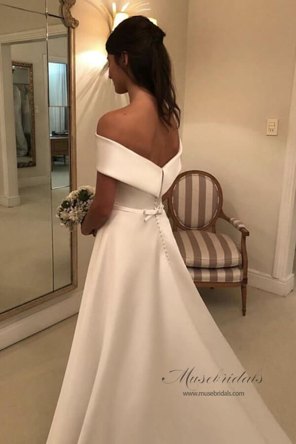 NumberSea - NumberSea Modest Simple Ivory A Line Off Shoulder Wedding Dresses, Bridal Gown, MW517