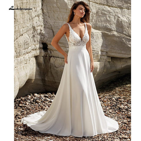 NumberSea - NumberSea Modest V - Neck Wedding Dress 2022 Fashion lace appliques Sweep Train A Line Bridal Gown New Arrival Vestidos de Nova