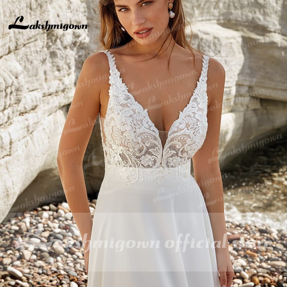 NumberSea - NumberSea Modest V - Neck Wedding Dress 2022 Fashion lace appliques Sweep Train A Line Bridal Gown New Arrival Vestidos de Nova