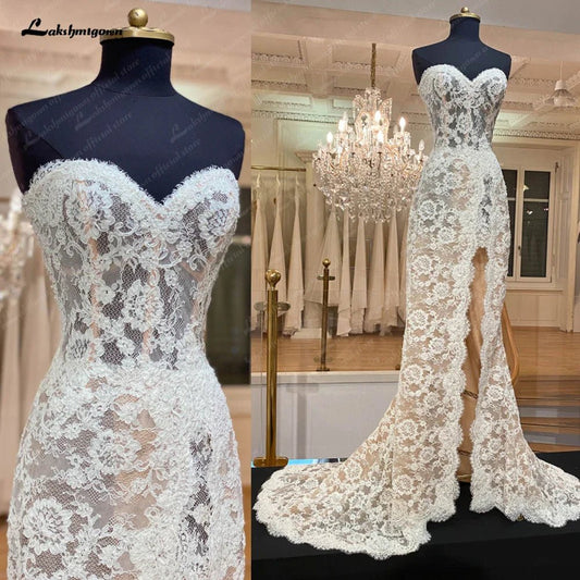 NumberSea - NumberSea Modest Women Sweetheart Lace Mermaid Wedding Gowns Buttons Illusion Back 2025 Robe Sexy Boho Bridal Dresses