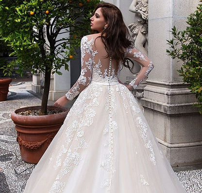 NumberSea - NumberSea Muslim Wedding Dresses Ball Gown Long Sleeves Tulle Appliques Lace Dubai Arabic Wedding Gown Bridal Dress Vestido De Noiva