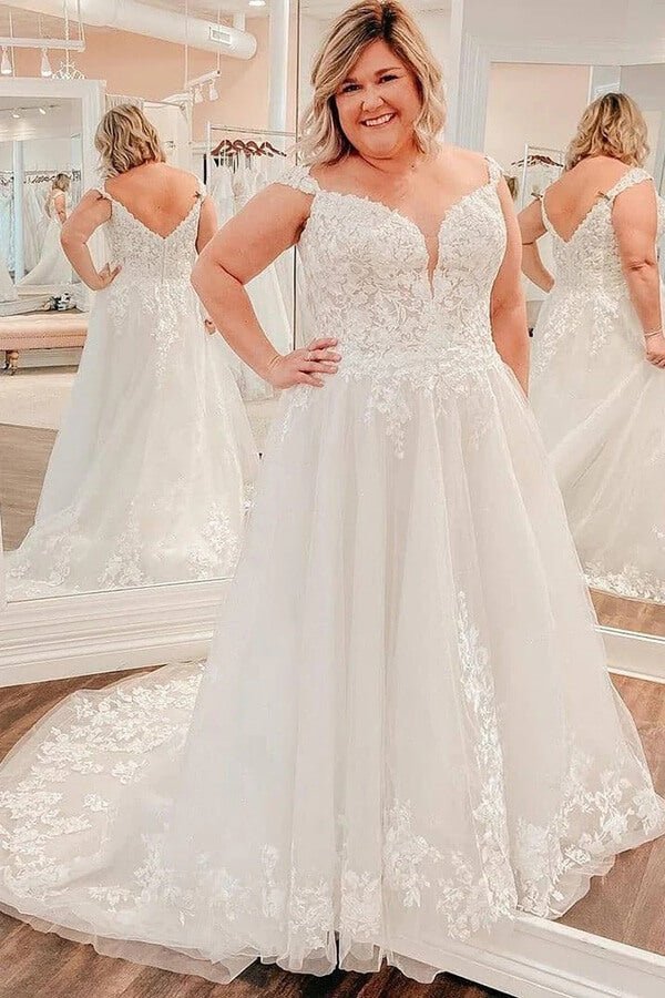 NumberSea - NumberSea New Arrival Modest A - line Plus Size Wedding Dress, V - neck Bridal Gown, MW812