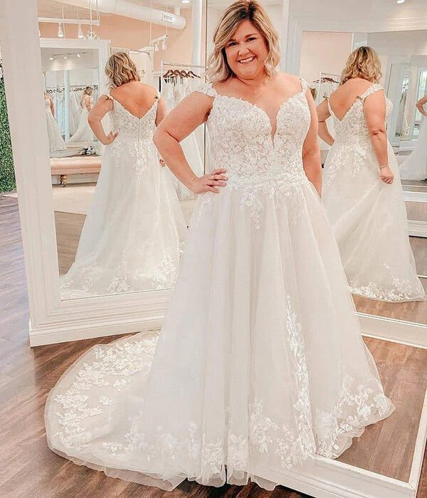 NumberSea - NumberSea New Arrival Modest A - line Plus Size Wedding Dress, V - neck Bridal Gown, MW812