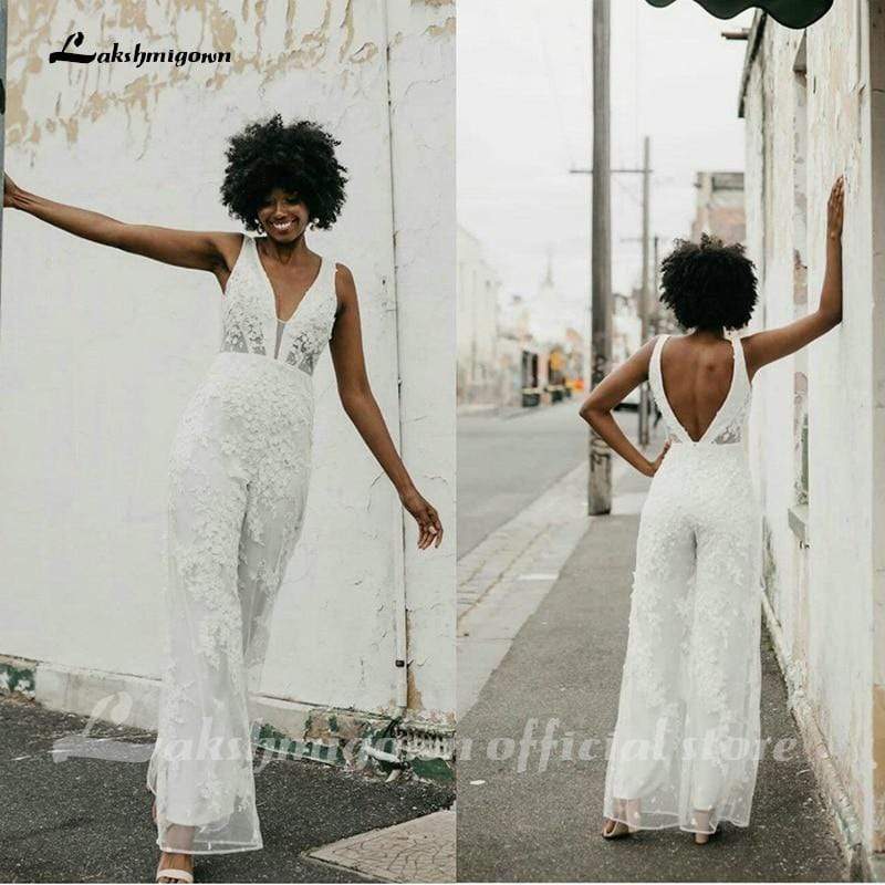 NumberSea - NumberSea New Boho Jumpsuits Wedding Dresses Illusion V Neck Lace Appliques