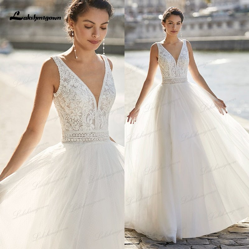 NumberSea - NumberSea New Boho Lace Wedding Dress 2021 V - neckline robe mariee Tulle A - Line Beach Bridal Gown with Shoulder Straps vestido de novia