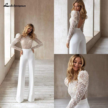 NumberSea - NumberSea New Puff Sleeve Jumpsuit Boho Wedding Dress 2025 Lace Appliques Sexy Backless