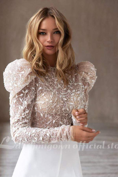 NumberSea - NumberSea New Puff Sleeve Jumpsuit Boho Wedding Dress 2025 Lace Appliques Sexy Backless