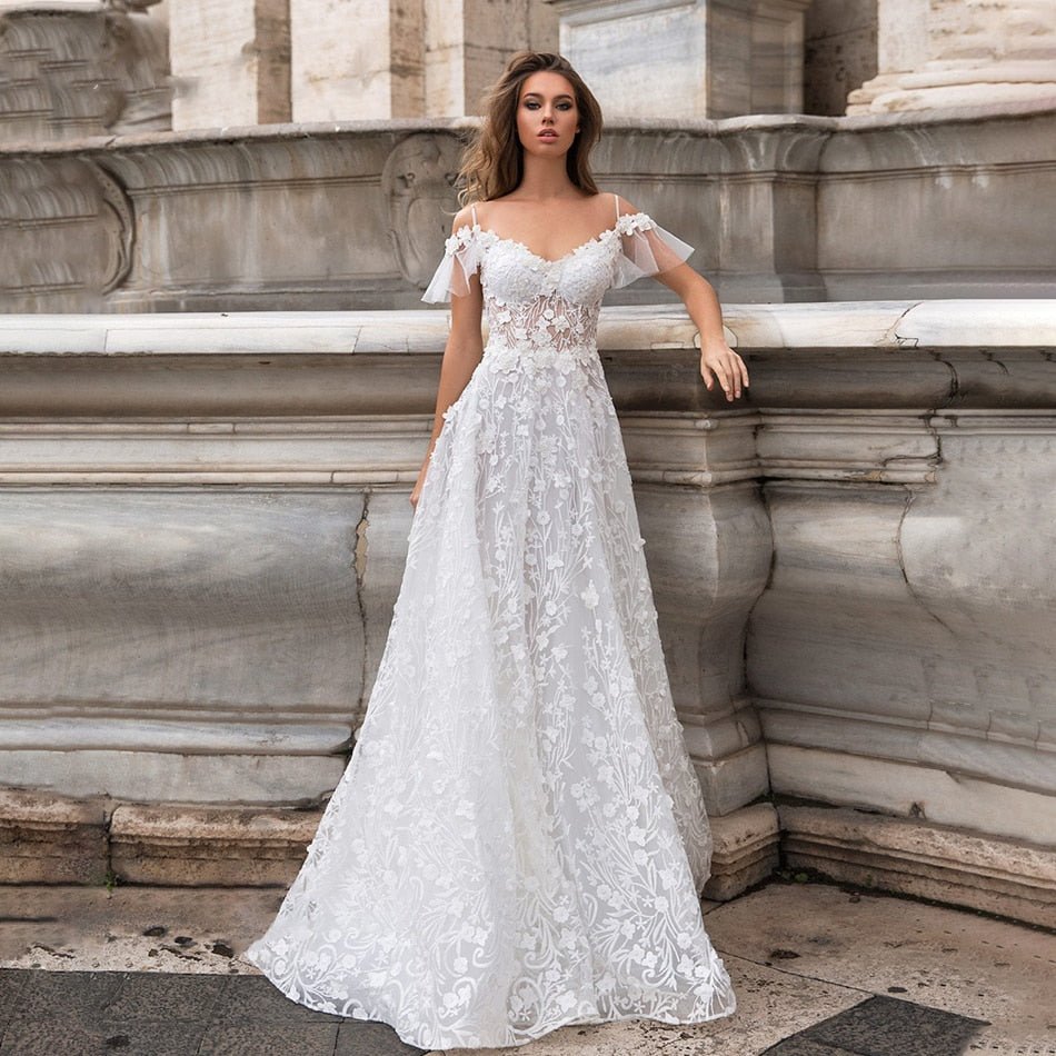 NumberSea - NumberSea New Wedding Dresses 2021 A - line Sweetheart Bridal Gown Lace Appliques Ball Gown Short Sleeve Backless Vestidos de Noivas