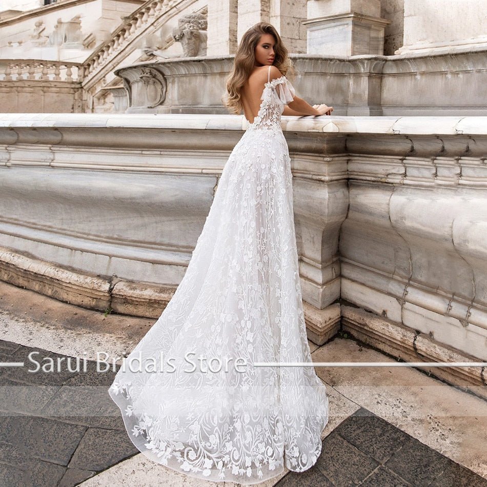 NumberSea - NumberSea New Wedding Dresses 2021 A - line Sweetheart Bridal Gown Lace Appliques Ball Gown Short Sleeve Backless Vestidos de Noivas