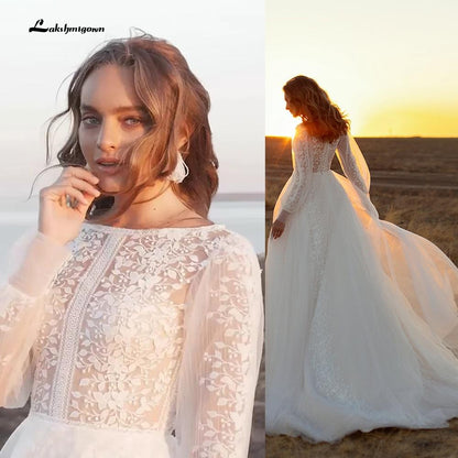 NumberSea - NumberSea Newest Long Sleeve O Neck Lace Wedding Dresses