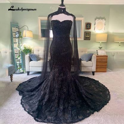 NumberSea - NumberSea NumberSea 2022 Elegant Gothic Wedding Dresses with Cape Veil Black Strapless Bridal Gowns with Sequins Floral Lace robe mariage femme