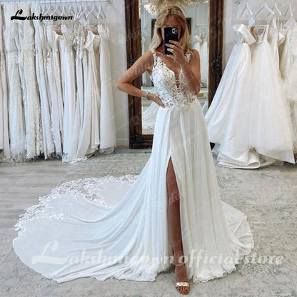 NumberSea - NumberSea NumberSea A - Line Split Chiffon Illusion Bodice Backless Beach Wedding Dresses for Women Appliques Summer Boho Bride Dress