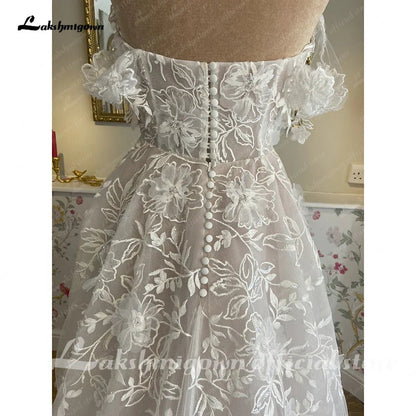 NumberSea - NumberSea NumberSea Off Shoulder A Line Wedding Dresses For Women 2024 Lace Floral Bridal Gown Backless Summer Boho Robe De Mariee