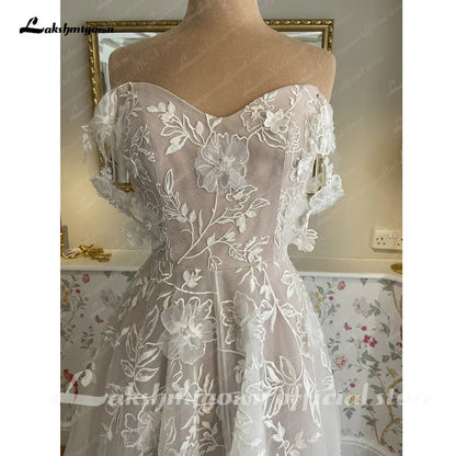 NumberSea - NumberSea NumberSea Off Shoulder A Line Wedding Dresses For Women 2024 Lace Floral Bridal Gown Backless Summer Boho Robe De Mariee