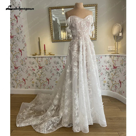 NumberSea - NumberSea NumberSea Off Shoulder A Line Wedding Dresses For Women 2024 Lace Floral Bridal Gown Backless Summer Boho Robe De Mariee