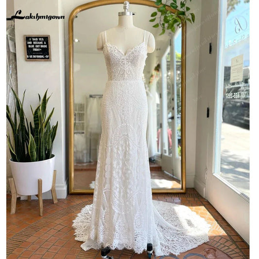 NumberSea - NumberSea NumberSea Spaghetti Straps Lace Bobo Mermaid Wedding Dress with V Neck 2024 Modest Robe Mariage Femme Bohemian Bridal Gown