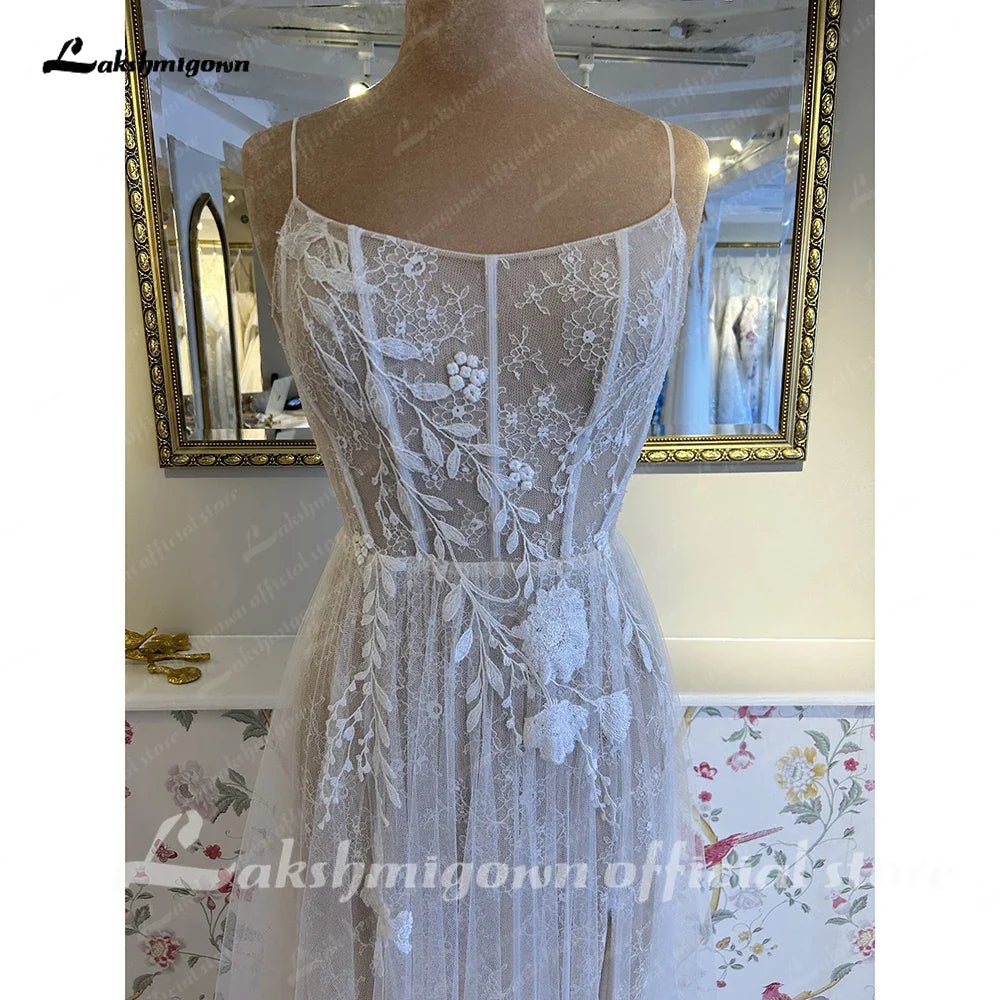 NumberSea - NumberSea NumberSea Split Side Lace Boho Women Wedding Dress for Bride 2024 Spaghetti Straps Wedding Gown batas de novia para