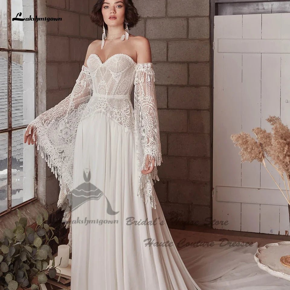 NumberSea - NumberSea NumberSea Vintage Lace Boho Wedding Dress Detachable Long Sleeve 2025 Robe Longue Chic Bridal Gowns Off the Shoulder