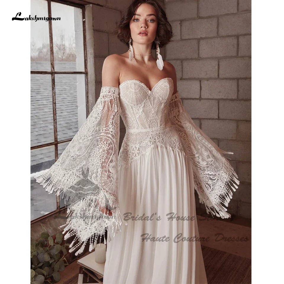 NumberSea - NumberSea NumberSea Vintage Lace Boho Wedding Dress Detachable Long Sleeve 2025 Robe Longue Chic Bridal Gowns Off the Shoulder