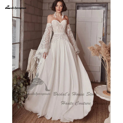 NumberSea - NumberSea NumberSea Vintage Lace Boho Wedding Dress Detachable Long Sleeve 2025 Robe Longue Chic Bridal Gowns Off the Shoulder