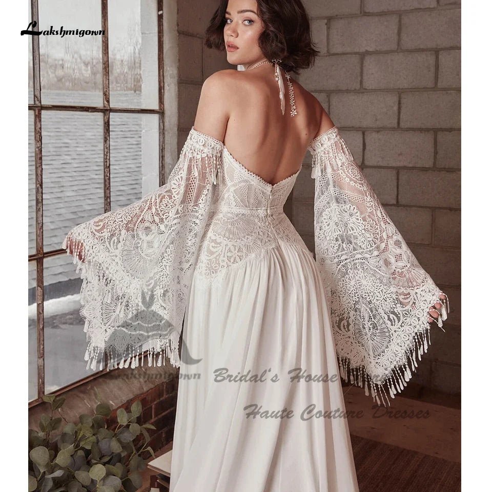 NumberSea - NumberSea NumberSea Vintage Lace Boho Wedding Dress Detachable Long Sleeve 2025 Robe Longue Chic Bridal Gowns Off the Shoulder