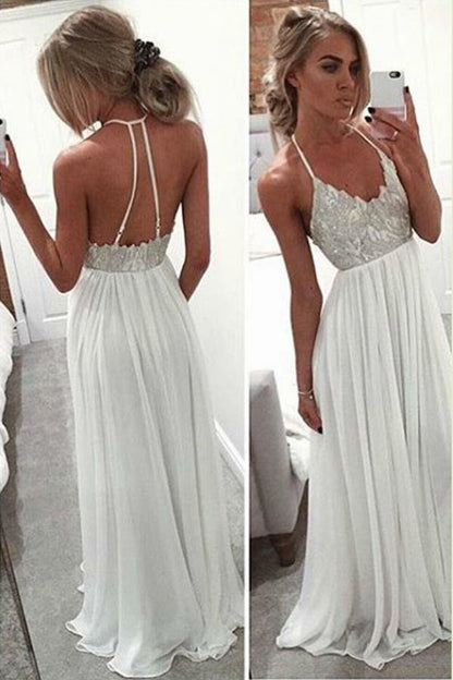 NumberSea - NumberSea NumberSea White Halter Floor Length Beach Wedding Dresses, Beaded Cheap Prom Dress, MP256