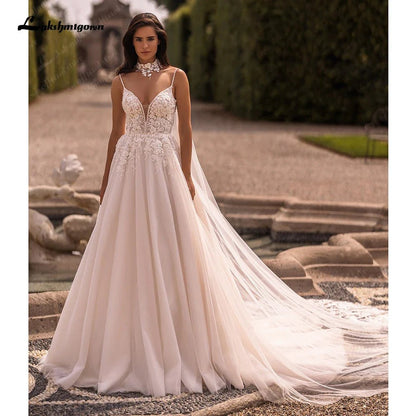 NumberSea - NumberSea NumberSea Women A Line Lace Wedding Dresses 2024 with Cape Robes Femmes Chic Bridal Boho Beach Wedding Gowns Spaghetti Straps