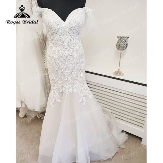 NumberSea - NumberSea Off the Shoulder V Neck Mermaid/Trumpet Wedding Dress Lace Appliques 2025 Luxury Wedding Gowns for Women Bridal vestito da sposa