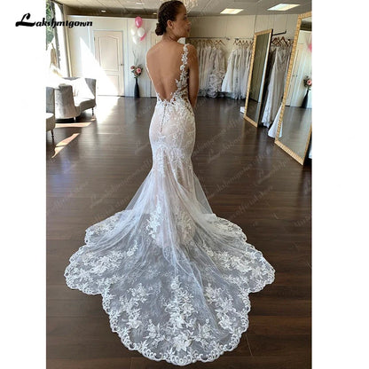 NumberSea - NumberSea Off White V Neck Lace Appliques Illusion Court Train Wedding Dress 2025 Boho Mermaid Bridal vestido branco sereia