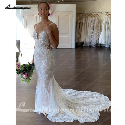 NumberSea - NumberSea Off White V Neck Lace Appliques Illusion Court Train Wedding Dress 2025 Boho Mermaid Bridal vestido branco sereia