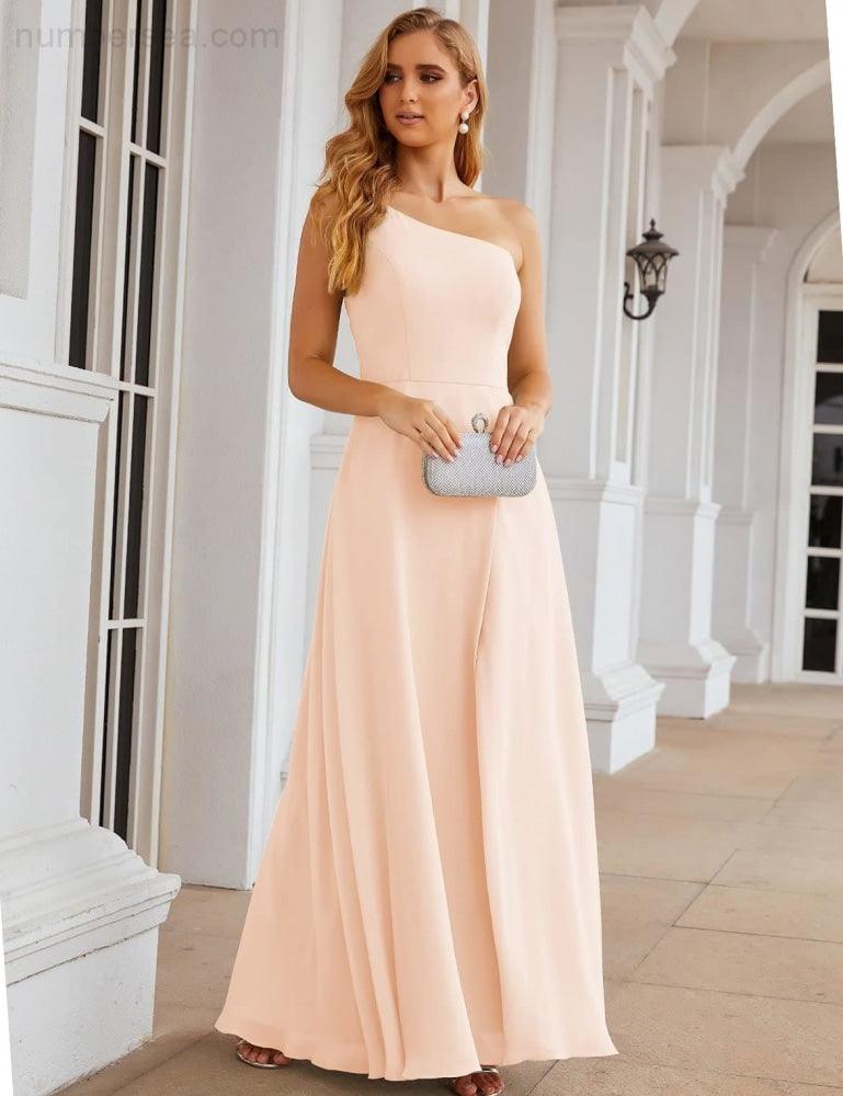 NumberSea - Numbersea One Shoulder Chiffon Bridesmaid Dresses Long Formal Homecoming Prom Gowns for Women Party Wedding Evening SEA28052